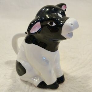 Ceramic Holstein Cow Pitcher Creamer Black and White Vintage 1980s Farm Decor